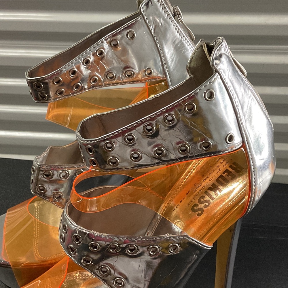 Silver Platform Heels with Orange Transparent Str… - image 11